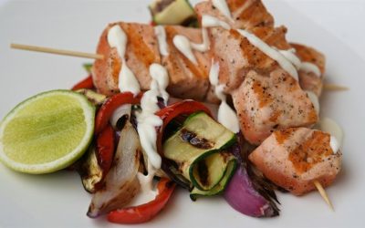 Char-grilled salmon kebabs & vegetables with lime mayo