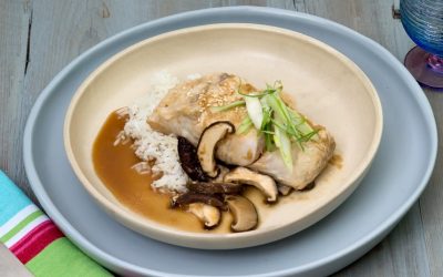 Steamed barramundi fillet with lime, ginger & shiitake