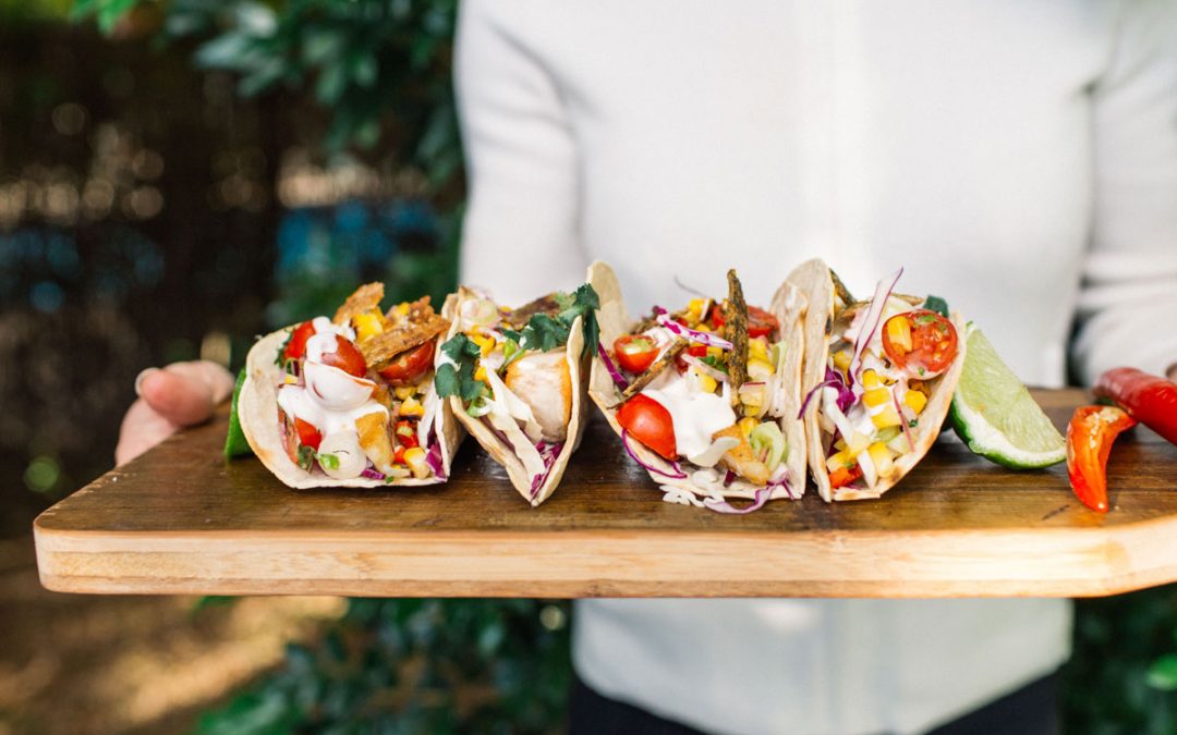 Barramundi tacos with rainbow slaw and salsa