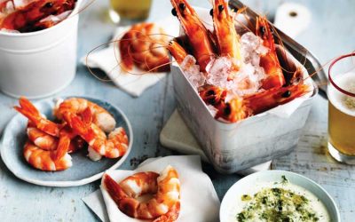 A bucket of Australian prawns with Texas green chilli mayonnaise