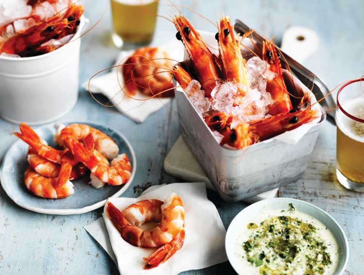 A bucket of Australian prawns with Texas green chilli mayonnaise