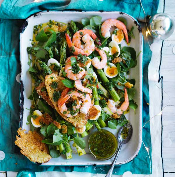 Asparagus and baby prawn salad with quail eggs and parmesan wafer crostini