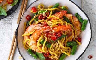 Australian prawns with asparagus hokkien chilli and basil