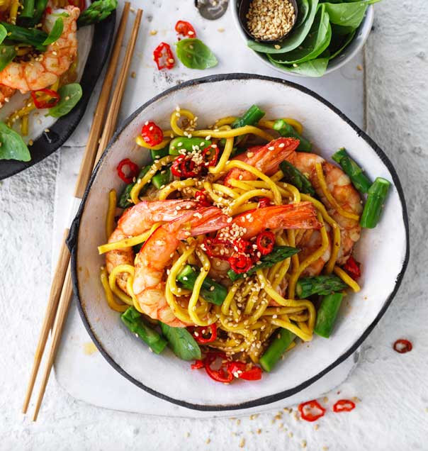 Australian prawns with asparagus hokkien chilli and basil