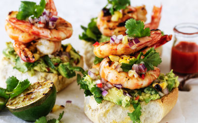 BBQ’d prawn rolls with charred corn avocado smash