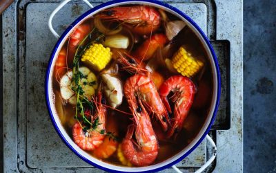 Cajun prawn boil with lemon drawn butter sauce