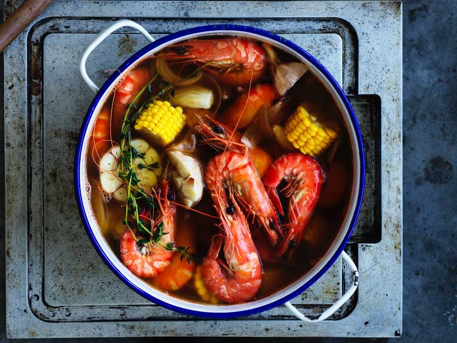 Cajun prawn boil with lemon drawn butter sauce