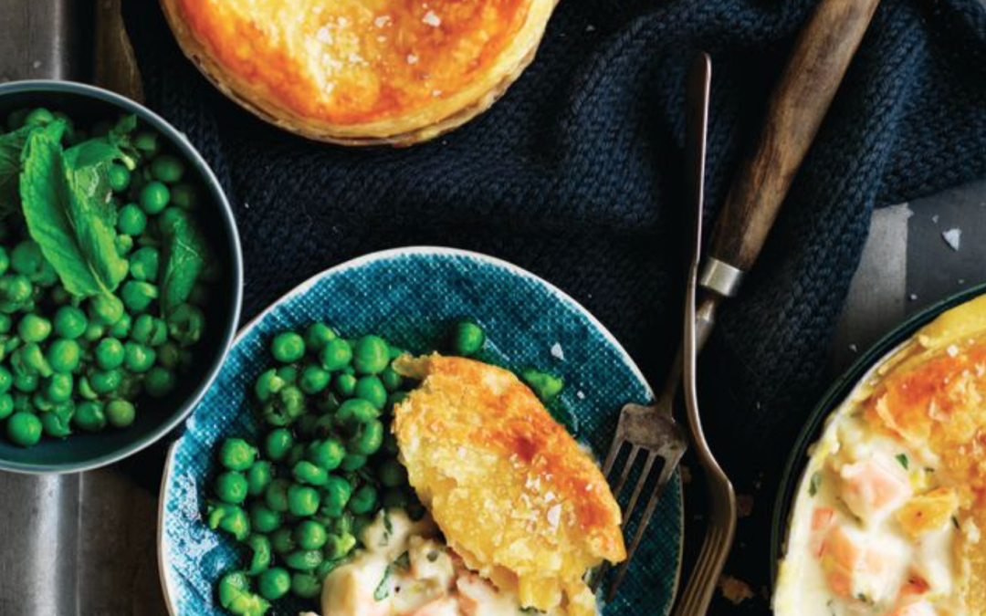 Creamy prawn pot pies with minted peas