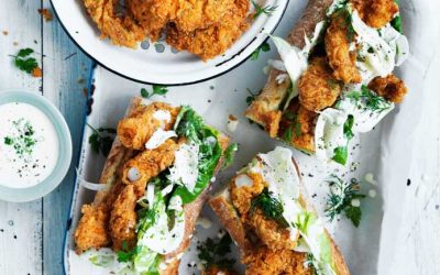 Crispy deep fried prawn baguette with a fennel and buttermilk slaw