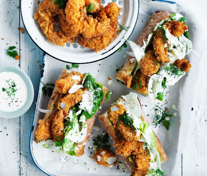 Crispy deep fried prawn baguette with a fennel and buttermilk slaw