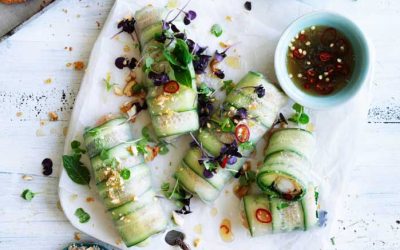 Cucumber and coconut prawn rice paper rolls