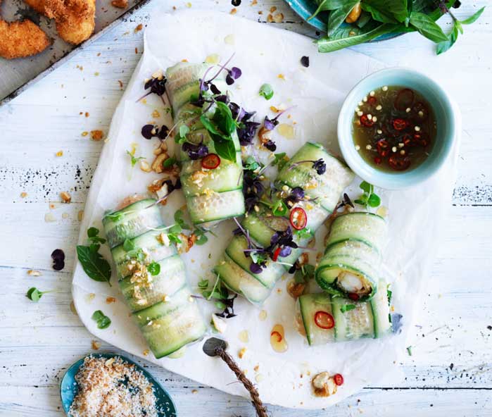 Cucumber and coconut prawn rice paper rolls