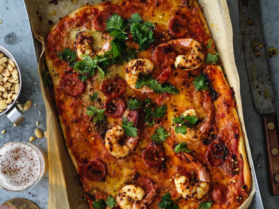 Garlic prawn pizza with chorizo and mozzarella