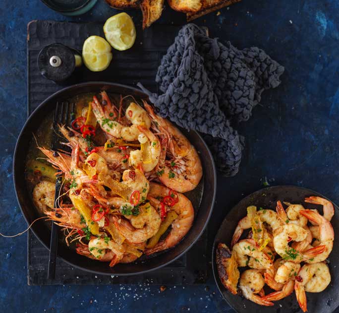 Garlic prawns with citrus chilli butter