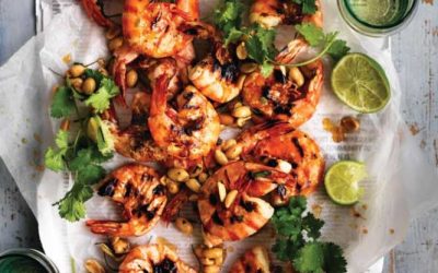 Grilled prawns with coriander and candied lime peanuts