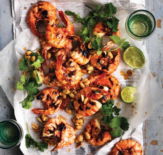 Grilled prawns with coriander and candied lime peanuts