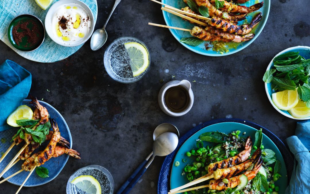 Grilled prawns with pea tabbouleh