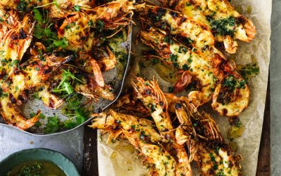 Jumbo prawn mornay with garlic parsley butter