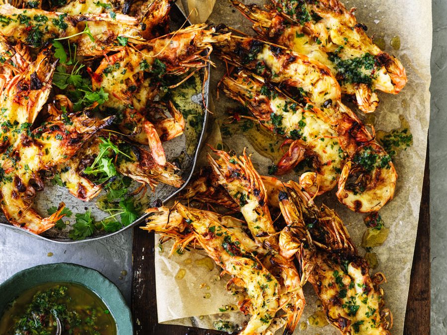 Jumbo prawn mornay with garlic parsley butter