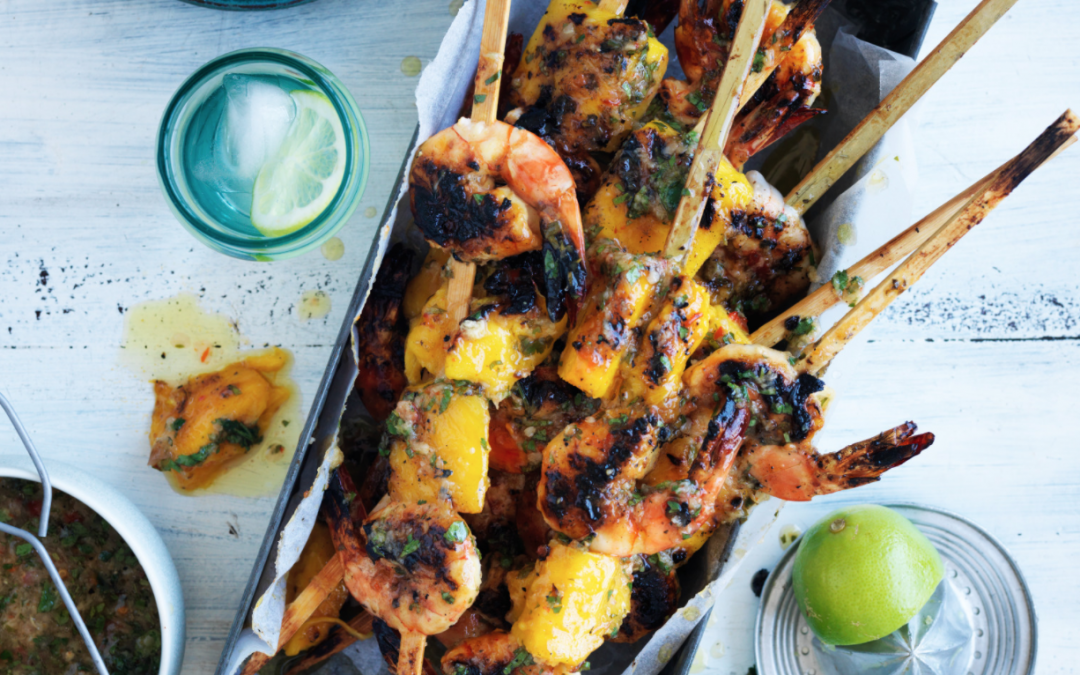 Mango and prawn skewers with lime and aioli