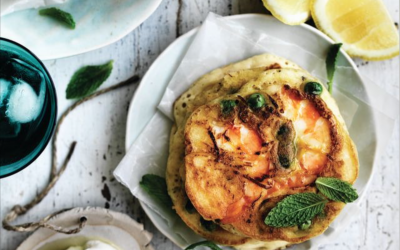 Pea and prawn fritters with labne and mint