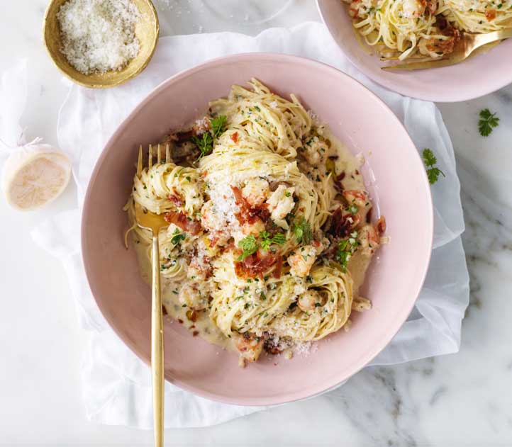 Prawn angel hair pasta with champagne sauce and caviar