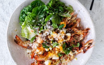 Prawn Caesar salad with rye pangratta and a yoghurt dressing