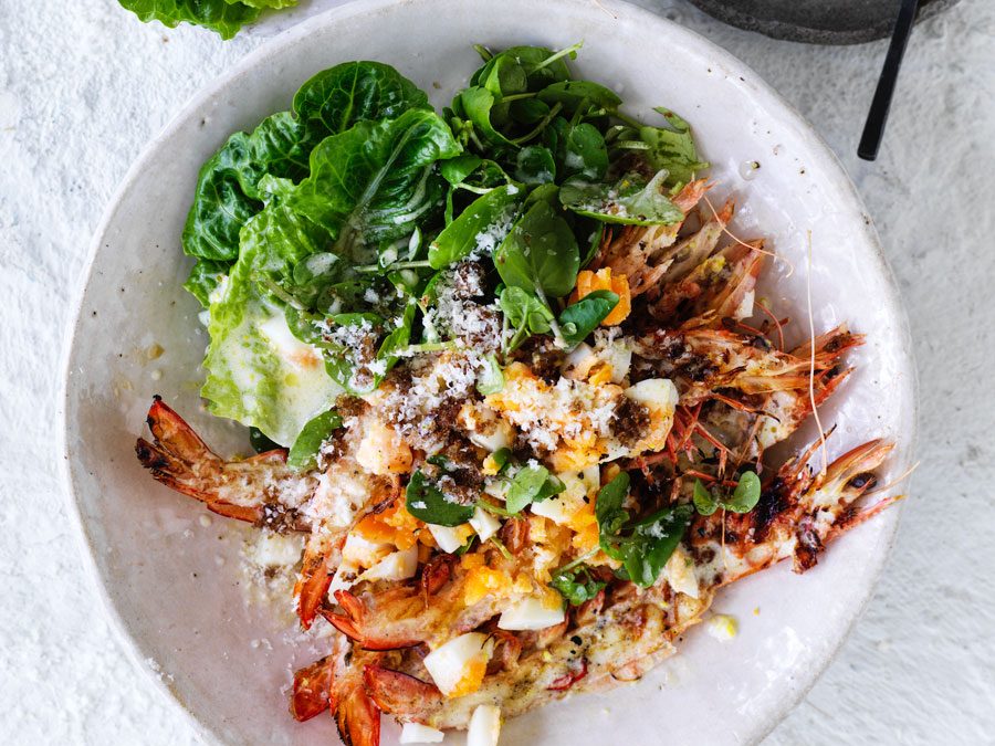 Prawn Caesar salad with rye pangratta and a yoghurt dressing