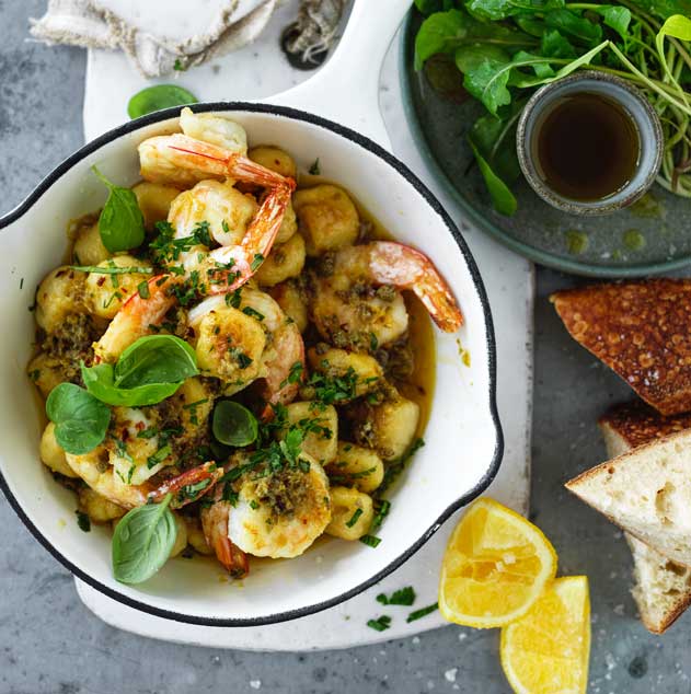 Prawn gnocchi pan fried with capers, lemon and herbs