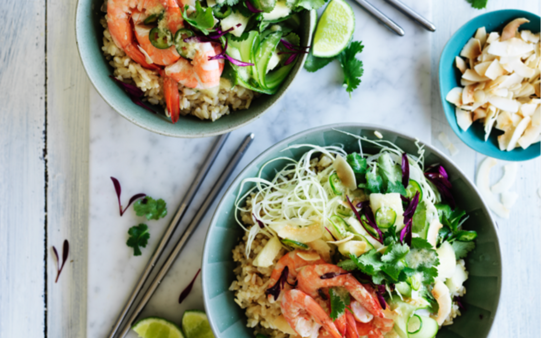 Prawn brown rice poke bowl