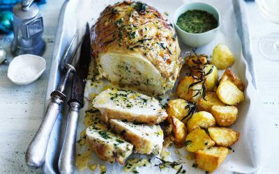 Rolled turkey breast with prawn mousse filling and creamy brandy (eggnog) and tarragon sauce
