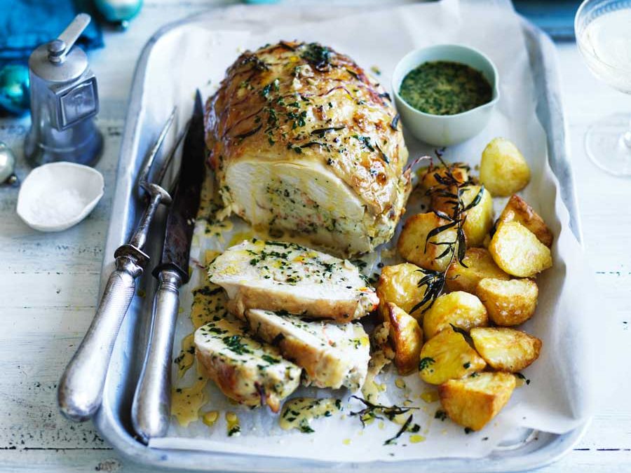 Rolled turkey breast with prawn mousse filling and creamy brandy (eggnog) and tarragon sauce