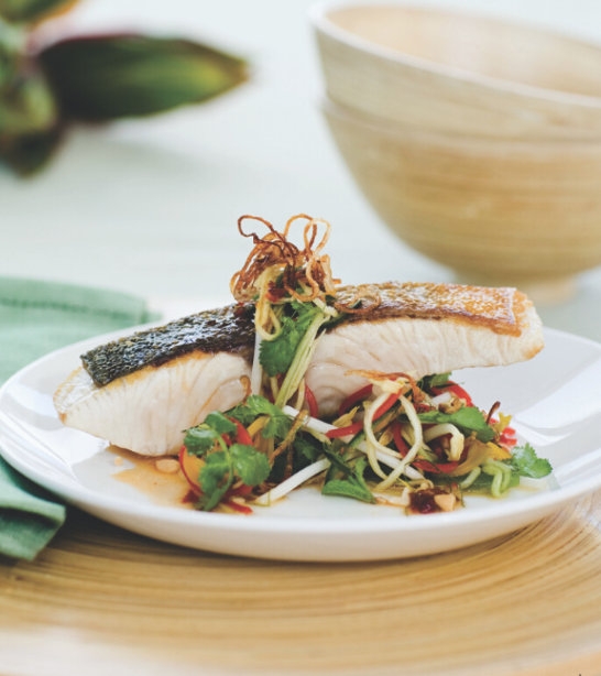 Crispy Skinned Kingfish Salad with Mango and Lime-mint dressing