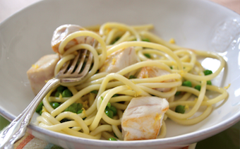 Kingfish Lemon & Basil Pasta with White Wine, green peas and shallots