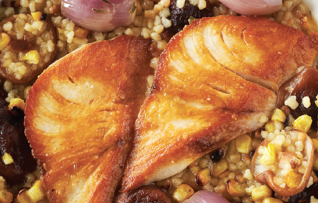 PAN ROASTED HIRAMASA KINGFISH with CHARRED CORN, FREGOLA & SHIITAKE MUSHROOMS