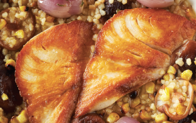 PAN ROASTED HIRAMASA KINGFISH with CHARRED CORN, FREGOLA & SHIITAKE MUSHROOMS