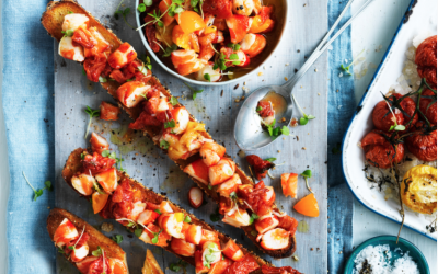 Pickled prawns and slow roasted tomatoes on crostini