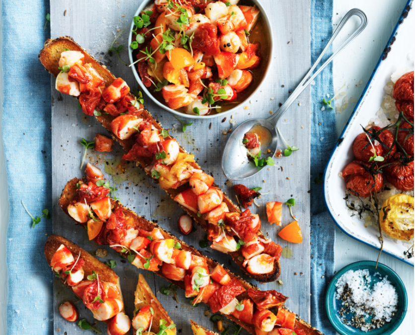 Pickled prawns and slow roasted tomatoes on crostini