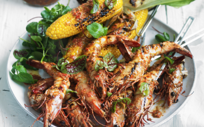 Jerked barbecued jumbo prawns with chilli lime corn