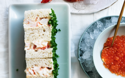 Prawn finger sandwiches with chives and chilled salmon caviar