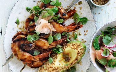 Yakatori prawns with sesame coated avocado, pickled ginger and sesame dressing