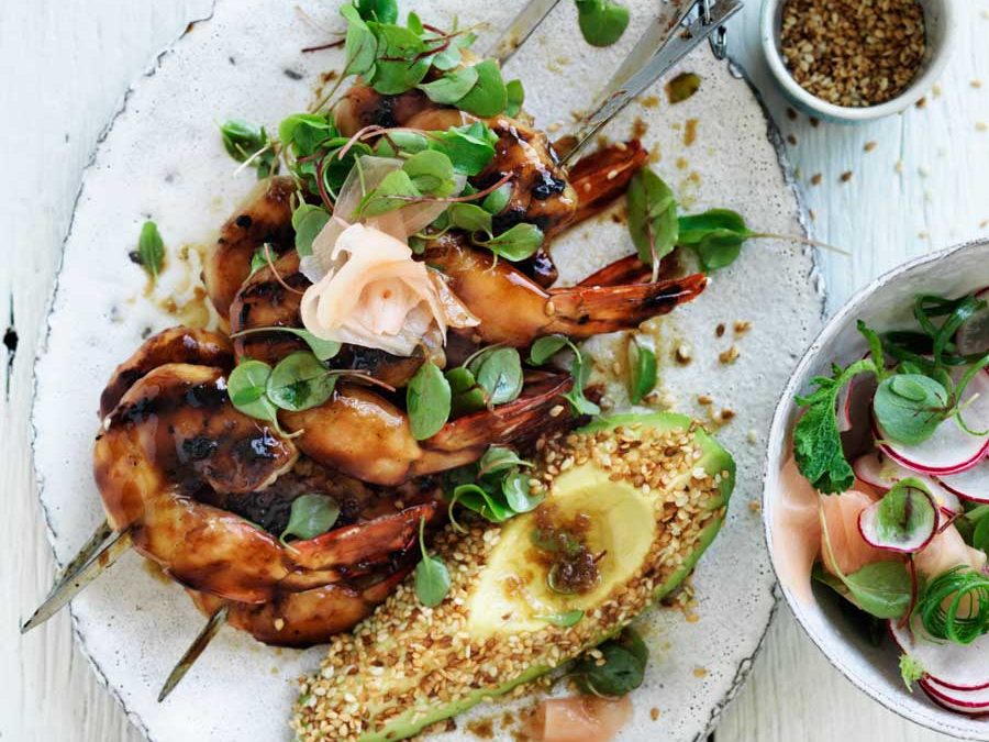 Yakatori prawns with sesame coated avocado, pickled ginger and sesame dressing