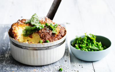 Single serve prawn soufflé with minted peas and parmesan