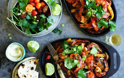 Sizzling prawn fajitas with chipotle hot sauce and tequila mayonnaise