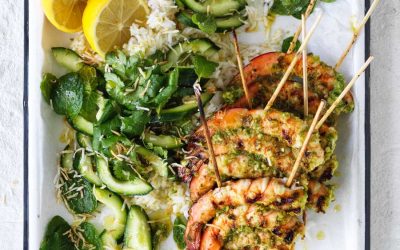 Summer skewers with coconut rice and cucumber
