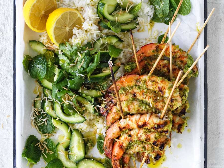 Summer skewers with coconut rice and cucumber