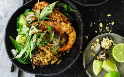 Whole prawn satay with stir fry rice noodles, cucumber and asian herbs