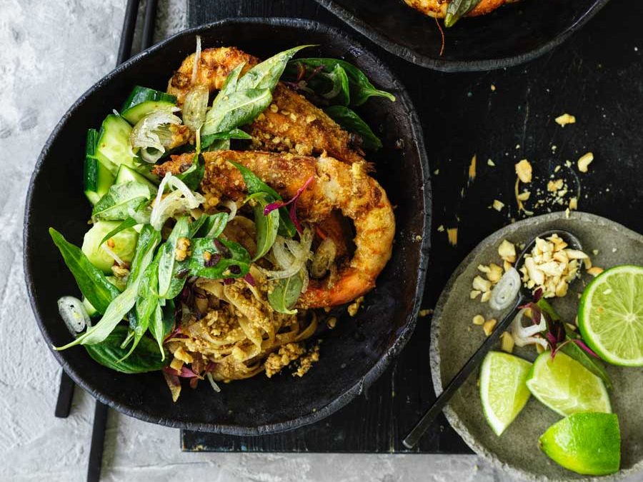 Whole prawn satay with stir fry rice noodles, cucumber and asian herbs